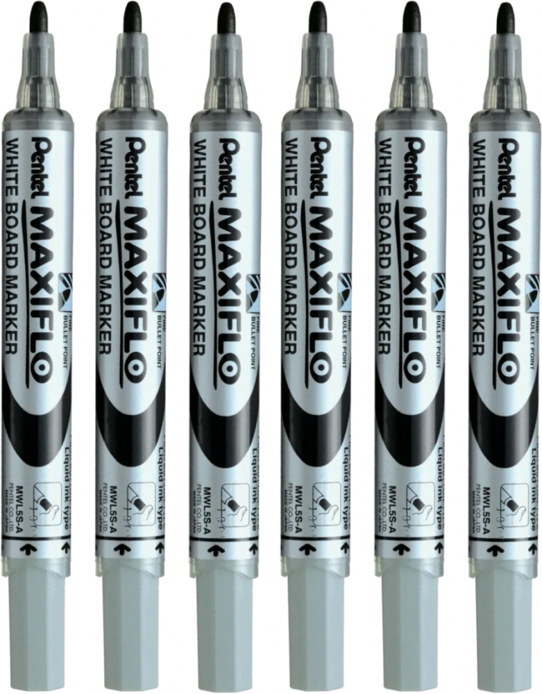 6x Marker suchościeralny Pentel Maxiflo MWL5S, okrągła, 4mm, czarny