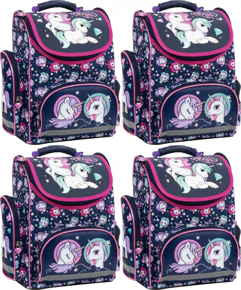 4x Tornister ergonomiczny Derform MB Jednorożec 14, jednokomorowy, 15l, 37x27x16cm, granatowy