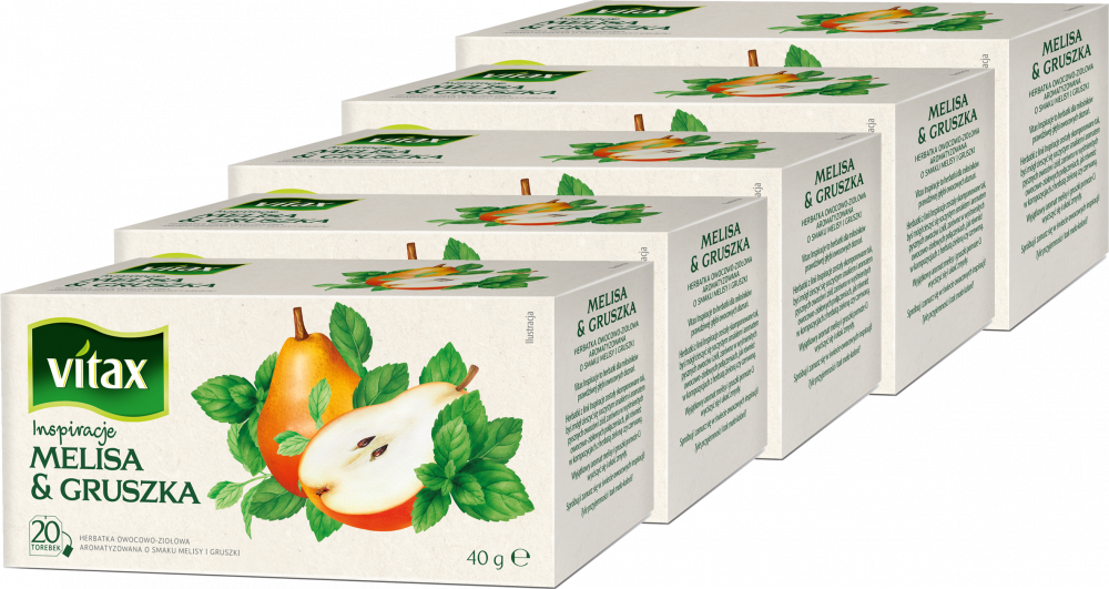 5x Herbata owocowa w torebkach Vitax Inspirations, melisa i gruszka, 20 sztuk x 2g