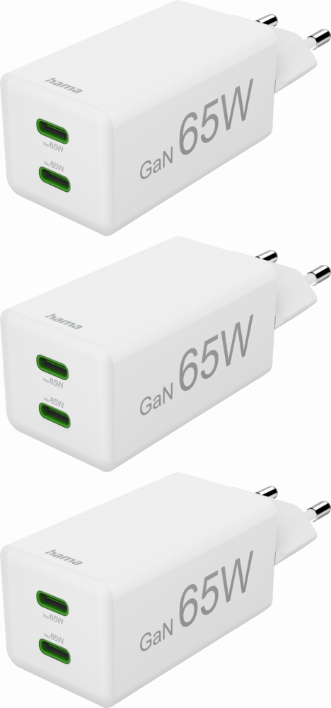 3x Ładowarka do telefonu Hama Mini, Power Delivery Quick Charge, GaN, 2xUSB-C, 65W, biały