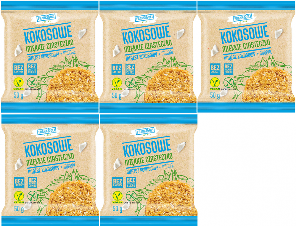 5x miękkie ciasteczko Frank&Oli, kokos + migdał, bez cukru, 50g