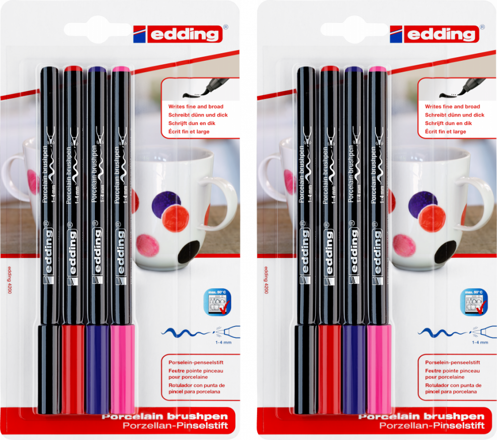 2x Pisak do powierzchni ceramicznych edding 4200, 1-4mm, 4 sztuki, mix kolorów (czarny, czerwony, fioletowy, różowy)