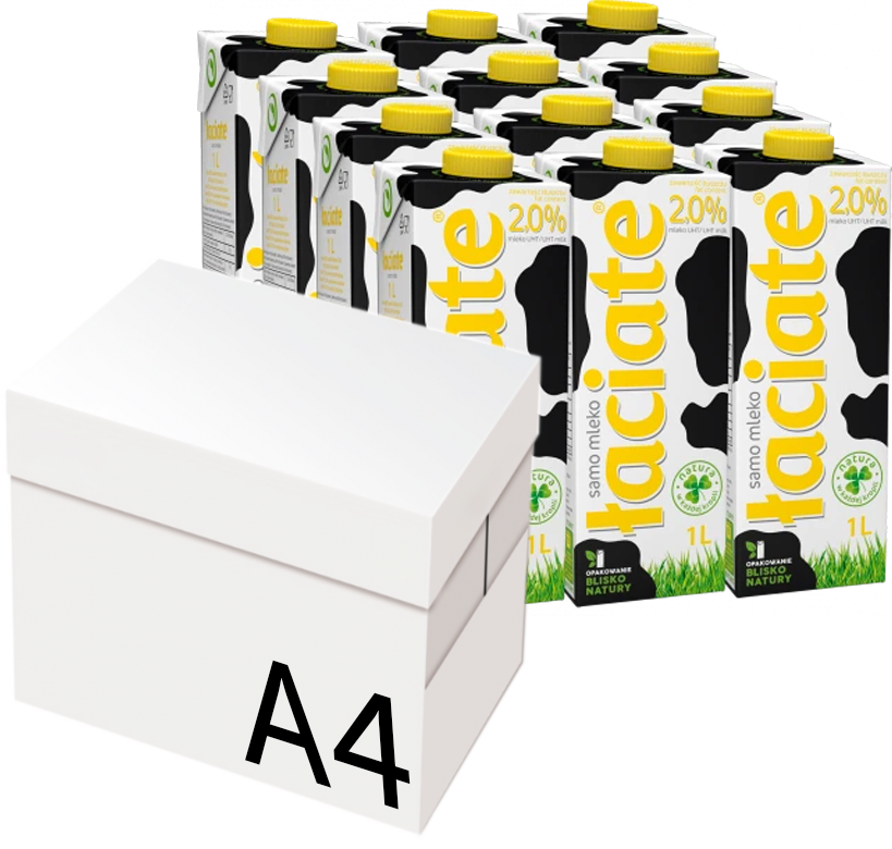 Zestaw: 12xMleko UHT Łaciate, 2%, 1l + 5x Papier ksero, A4, 80g/m2, 500 arkuszy, biały
