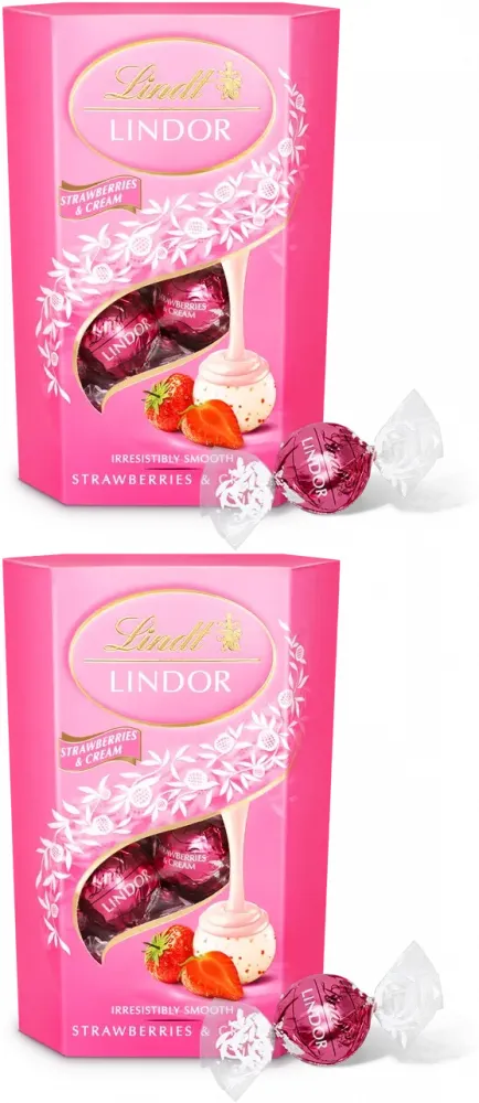 2x Praliny Lindt Lindor Truskawka ze śmietaną, czekoladowy z nadzieniem, 200g