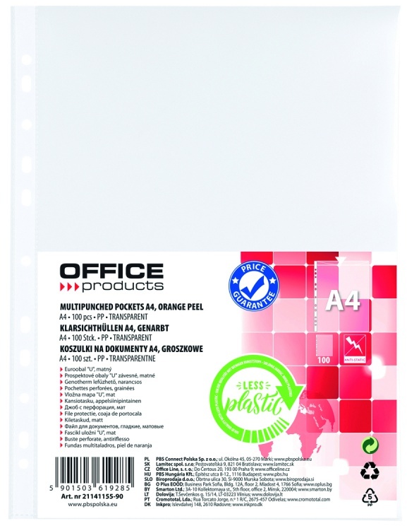 Koszulki groszkowe Office Products, A4, 30μm, 100 sztuk, transparentny