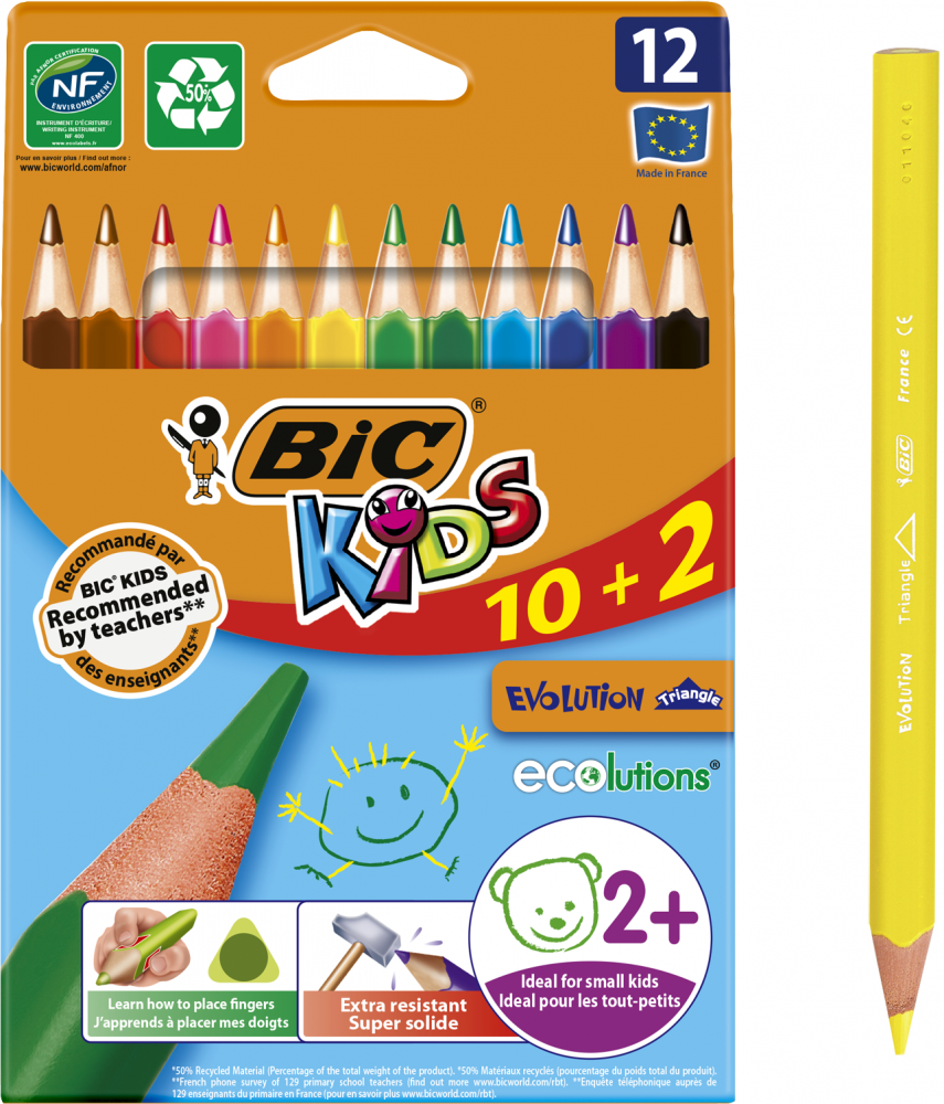 Kredki ołówkowe BIC Kids Evolution Triangle ECOlutions, 10+2 sztuki, mix kolorów
