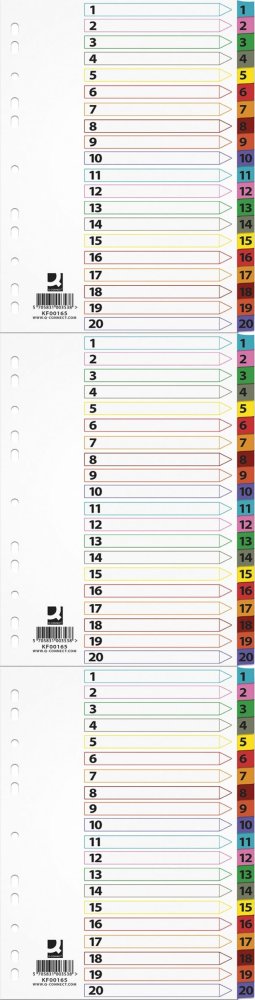 3x Przekładki do segregatora Q-Connect, kartonowe, numeryczne, A4, 20 kart, mix kolorów