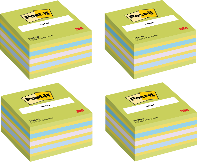 4x Karteczki samoprzylepne Post-it, 76x76mm, 450 karteczek, niebiesko-zielony