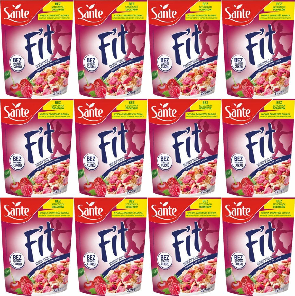 12x Płatki śniadaniowe Sante Fit, truskawka/malina/wiśnia, bez cukru, 225g