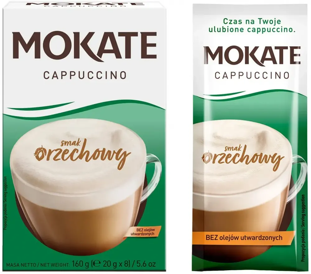 Outlet: USZKODZONE OPAKOWANIE Kawa rozpuszczalna w saszetkach Mokate Cappuccino, orzechowy, 8 sztuk x 20g