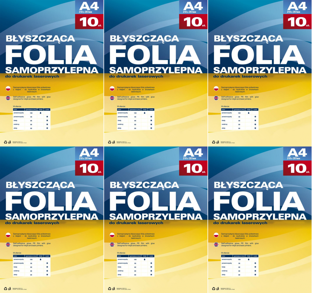 6x Folia samoprzylepna Argo, do drukarek laserowych, A4, 10 arkuszy, przezroczysty