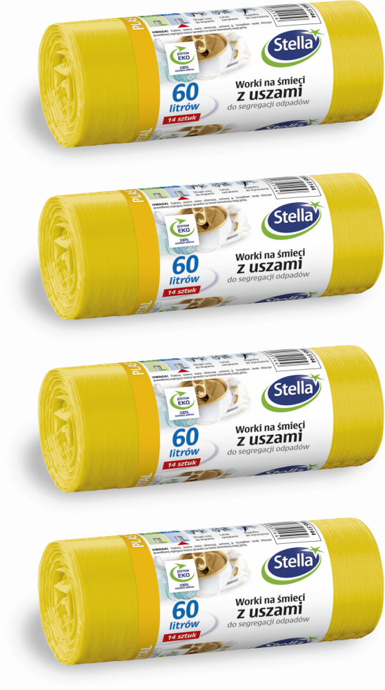 4x Worki na śmieci Stella, na metal/plastik, ekologiczne, 60l, 14 sztuk, żółty