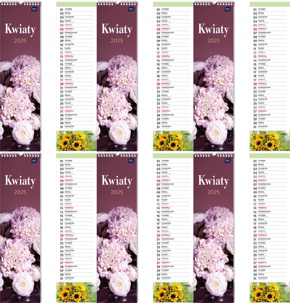 6x Kalendarz ścienny 2025, Interdruk, paskowy, 135x500mm, kwiaty
