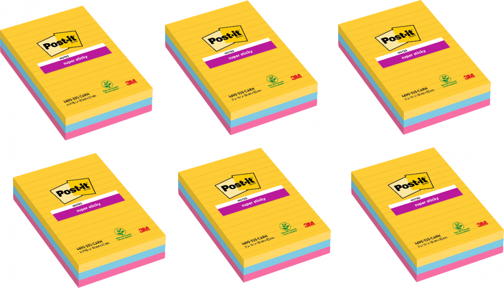 6x Karteczki samoprzylepne w linie Post-it Super Sticky, 102x152mm, 270 karteczek, mix kolorów neonowych