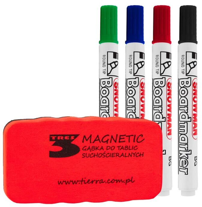 Marker suchościeralny Snowman Boardmarker, okrągła, 1.5-3mm, 4 sztuki, mix kolorów + gąbka magnetyczna