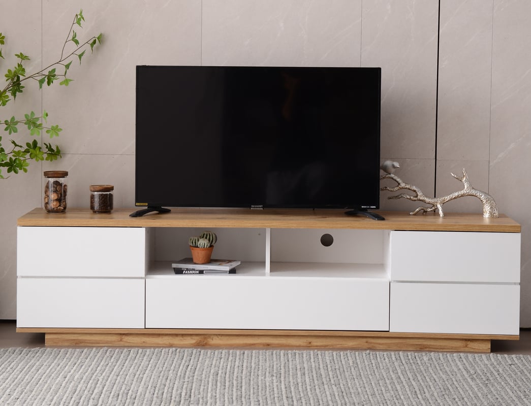 Stojak pod telewizor Colorblock Design z płyty MDF o wysokim połysku z wykończeniem w drewnie - 180 cm