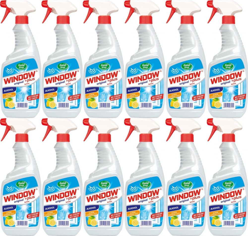 12x Płyn do mycia szyb Window Plus Gold Drop, z rozpylaczem, cytrynowy, 750ml