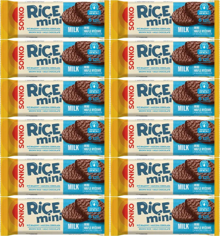 12x Mini wafle ryżowe Sonko Rice Mini Milk, w czekoladzie mlecznej, 6 sztuk, 27g
