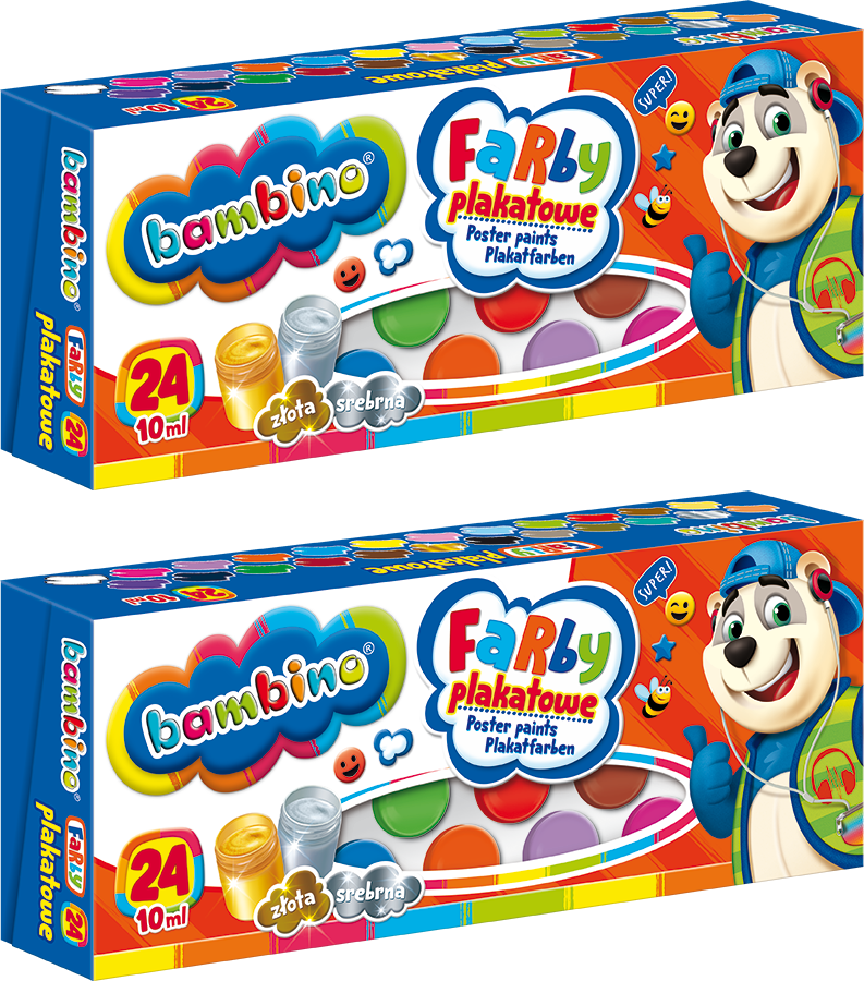 2x Farby plakatowe Bambino Zwierzaki Uczniaki, 10ml, 24 sztuki, mix kolorów