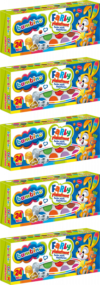 5x Farby plakatowe Bambino Zwierzaki Uczniaki, 10ml, 24 sztuki, mix kolorów