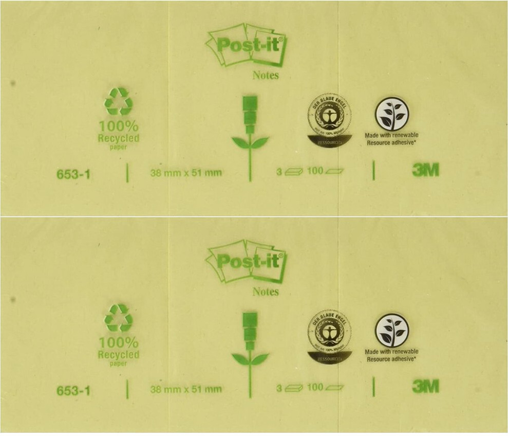 2x Notes samoprzylepny Post-it Recycled 653-1, 38x51mm, 3x100 karteczek, żółty