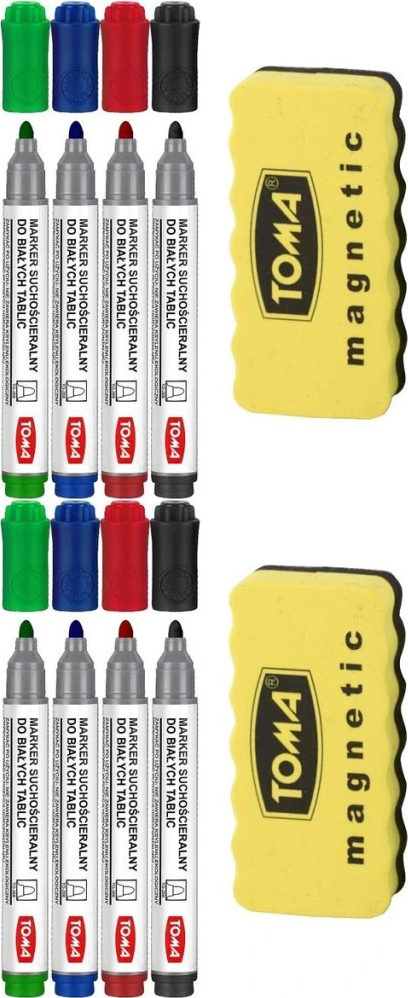 2x Marker suchościeralny Toma, okrągła, 2mm, 4 sztuki, mix kolorów + gąbka magnetyczna