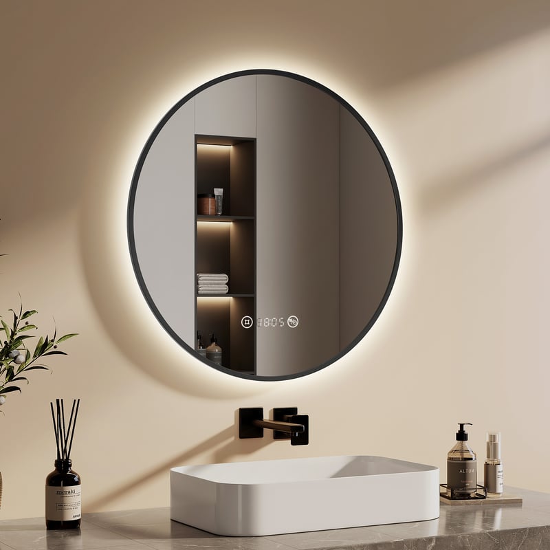 EMKE Okrągłe Lustro łazienkowe z oświetleniem LED 70 cm, z 4300K, możliwość ściemniania, przeciwmgielne, funkcja pamięci, Czarny