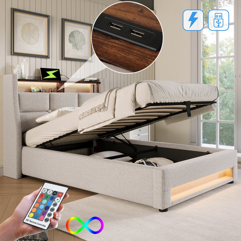 Łóżko tapicerowane z USB 90x200cm, łóżko pojedyncze LED z metalowym stelażem, rama łóżka lniana, łóżko młodzieżowe (bez materaca)