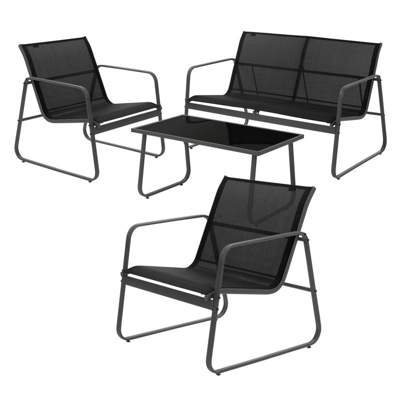 4-czesciowy zestaw mebli ogrodowych ML-Design, czarny, meble balkonowe wykonane ze stali i textilene dla 4 osób, sofa i 2 fotelami, odporna na warunki