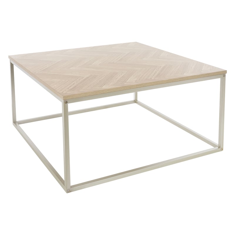 Stolik kawowy ML-Design 80x80x40 cm, wykonany ze stali, wyglad debu z wzorem w jodelke, zlota metalowa rama, industrialny design, kwadratowy stolik do