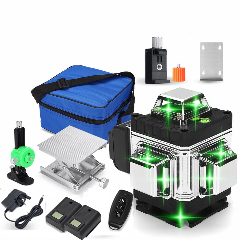 Poziomica laserowa 4D, 16 linii, regulowana, 360°, zielona, do użytku wewnątrz i na zewnątrz, bateria 4000 mAh i akcesoria w zestawie