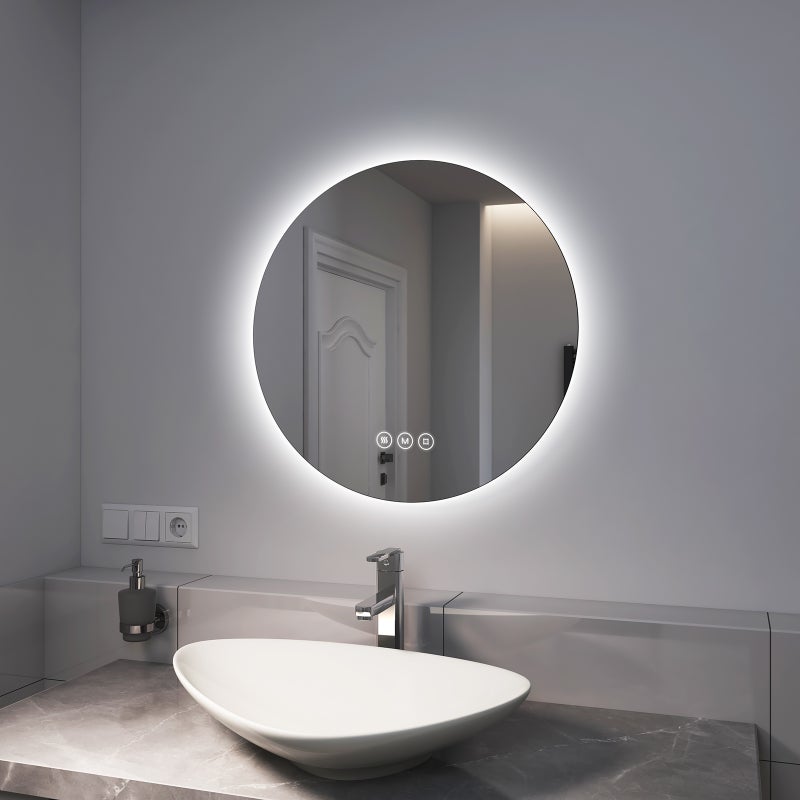 EMKE Okrągłe Lustro łazienkowe z oświetleniem LED 60 cm, z 3 barwy światła, możliwość ściemniania, przeciwmgielne, funkcja pamięci, IP44