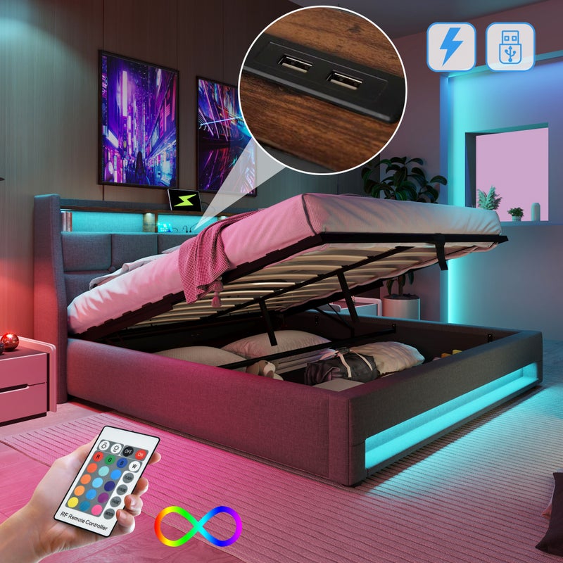 Łóżko tapicerowane z USB 180x200cm, łóżko dwuosobowe LED z metalowym stelażem, rama łóżka lnianego, łóżko młodzieżowe (bez materaca)