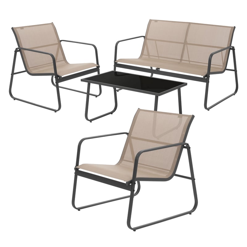 4-czesciowy zestaw mebli ogrodowych ML-Design, taupe, meble balkonowe wykonane ze stali i textilene dla 4 osób, wypoczynkowa ze szklanym stolem, sofa