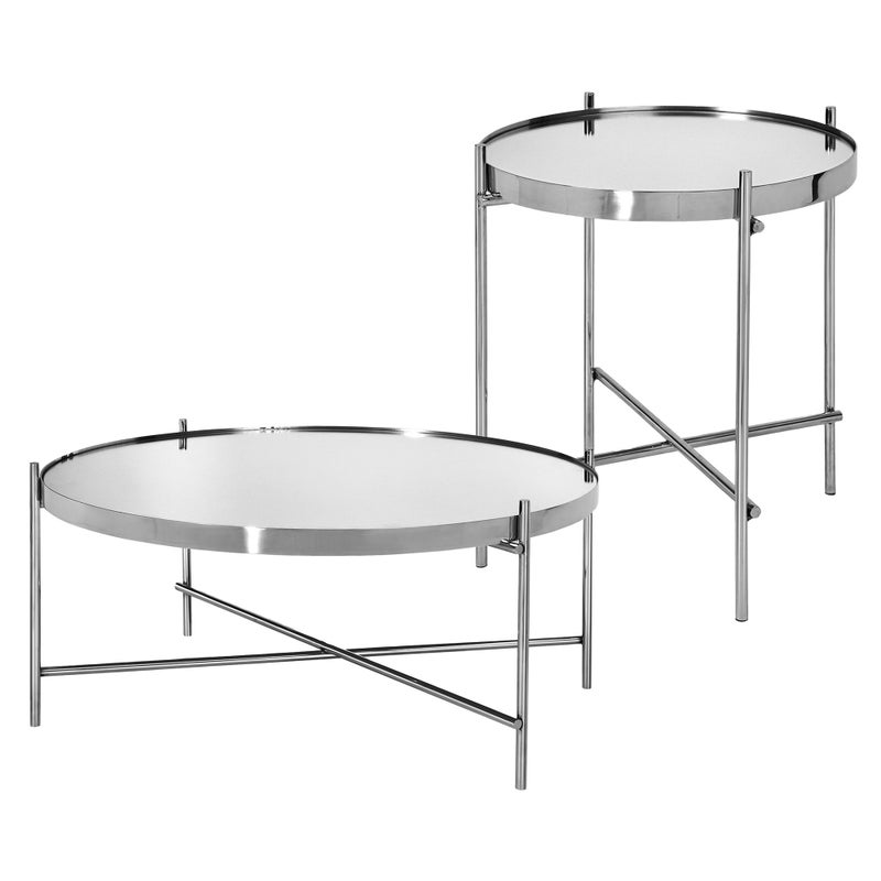 WOMO-DESIGN Stolik kawowy zestaw 2 Ø43x45 + Ø75x35 cm okragly, srebrny, metal/szklo, unikatowy, nowoczesny, stoliki do salonu ze szklanym blatem i