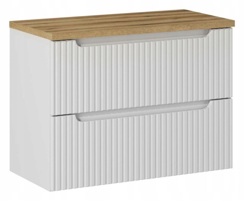 Szafka pod umywalkę Furnidea 80 cm wisząca z blatem dąb Nova White biała ryflowane fronty 2 szuflady 1 szt.