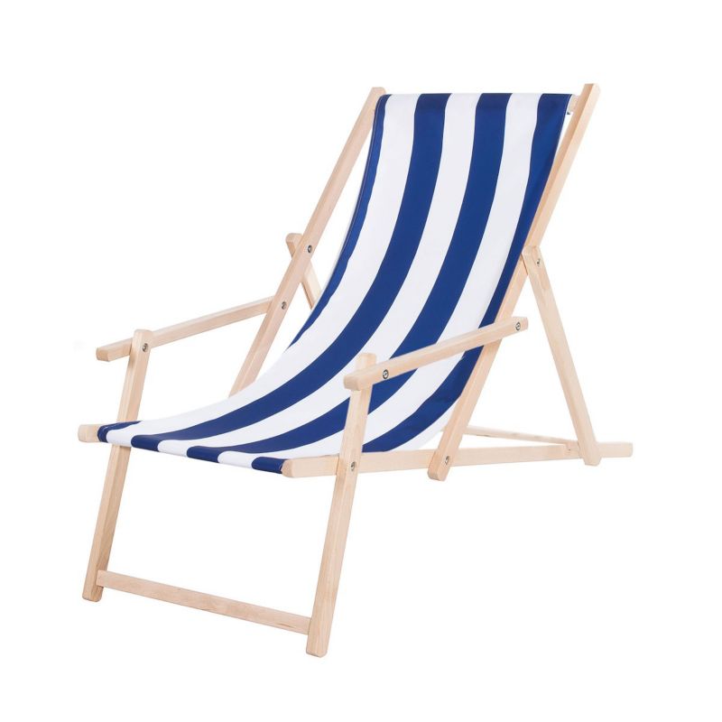 Leżak drewniany Springos z podłokietnikami ogrodowy, plażowy niebiesko-biały 1 szt.