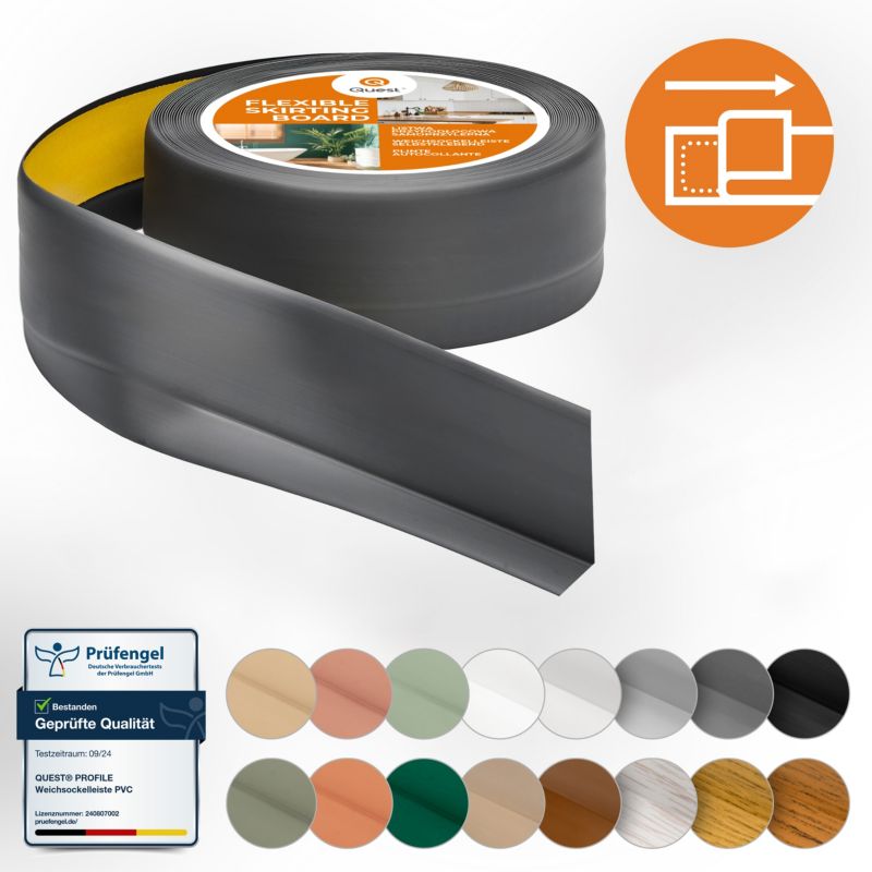 Listwa przypodłogowa PCV 50x20mm, QUEST, samoprzylepna elastyczna, miękka listwa podłogowa, cokołowa, grafit, 25m