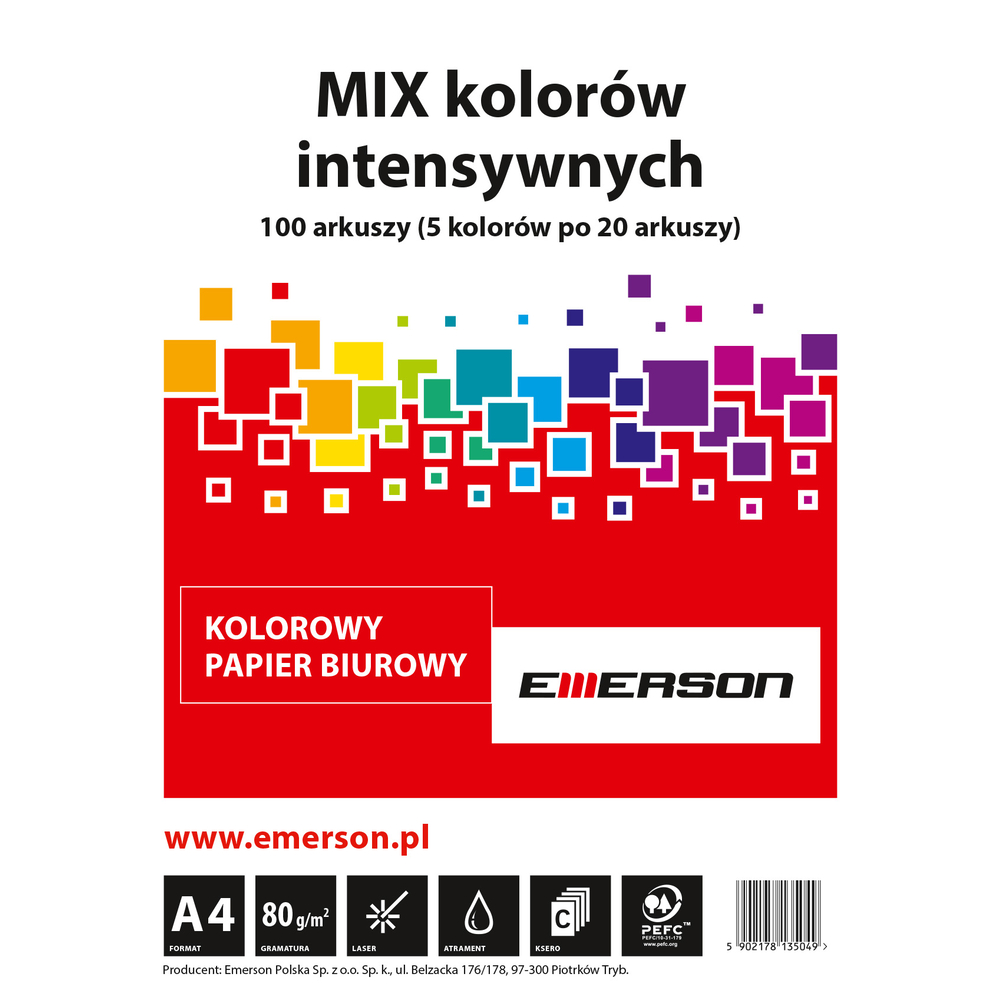 Papier kolorowy Emerson, A4, 80g/m2, 100 arkuszy, mix kolorów intensywnych 5x20 ark.