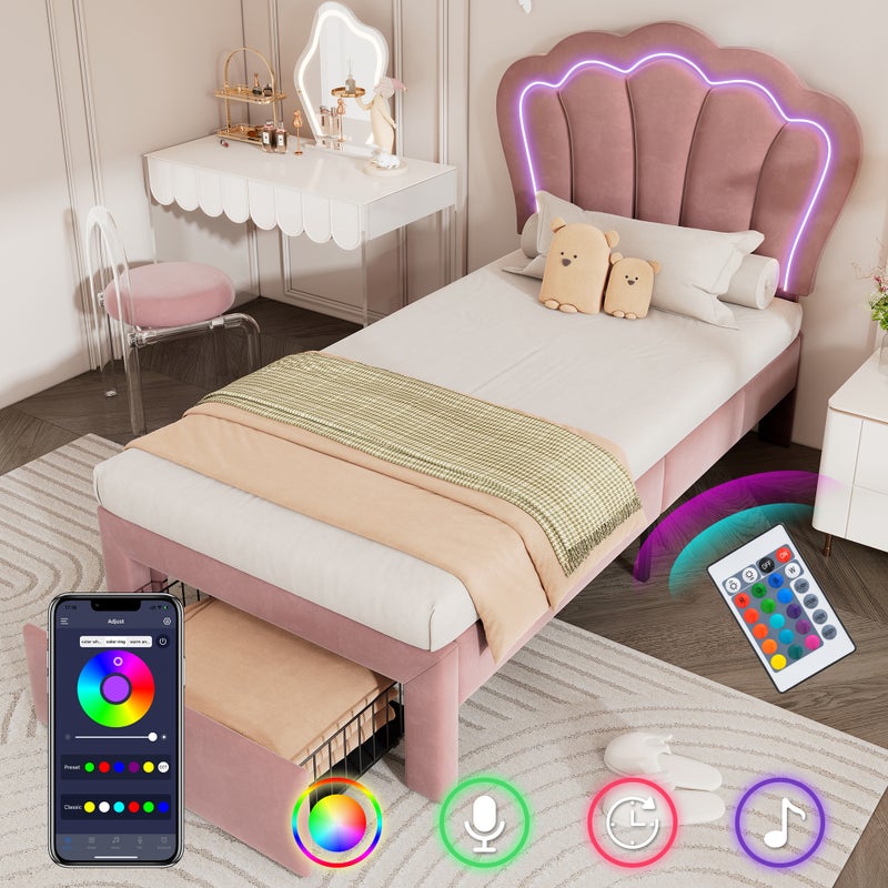Łóżko dziecięce LED 90x200cm z szufladami, sterowanie APP, regulowany zagłówek, różowe