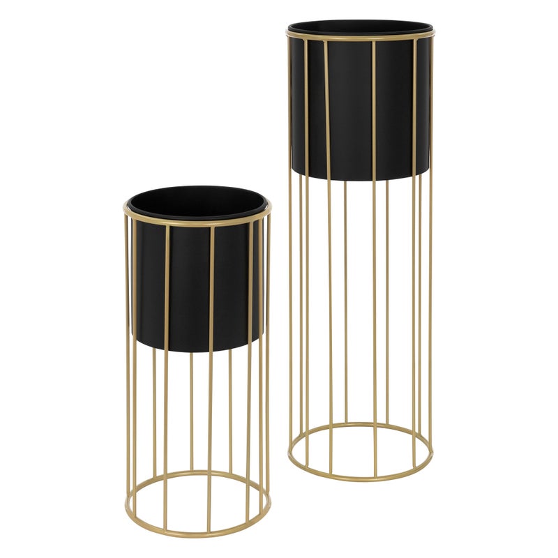 ML-Design stojak na kwiaty zestaw 2 sztuk, czarno-zloty, 21x46,7/24x70,5 cm, okragly, stalowy, stojak na doniczke z doniczka, metalowy stojak na