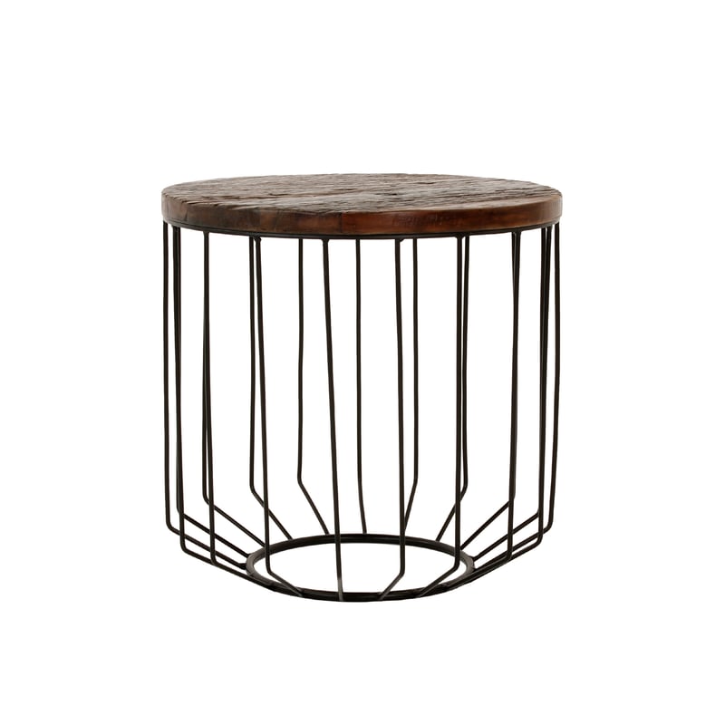 WOMO-DESIGN Designerski stolik boczny okragly Ø 50 x 50 cm naturalny lite drewno stare drewno metalowa rama metalowy kosz czarny Nowoczesny stolik do