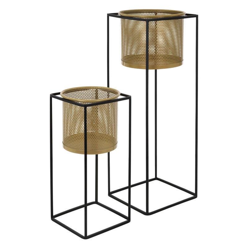 Stojak na kwiaty ML-Design zestaw 2 sztuk, czarno-zloty, 21x21x47/25x25x71 cm, wykonany ze stali, metalowy stojak na rosliny, stojak na doniczke