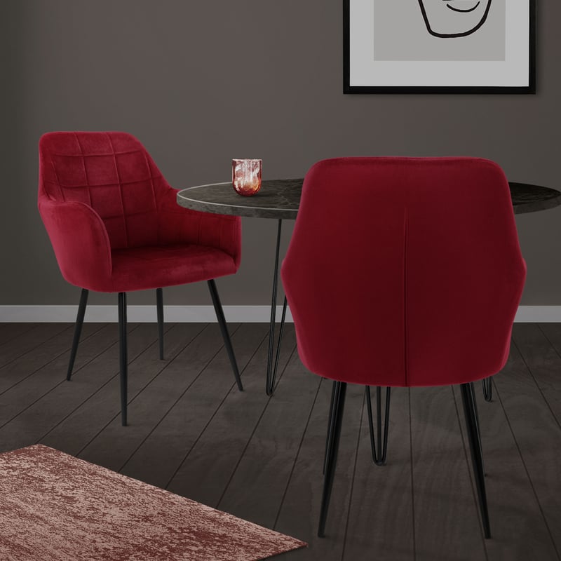ECD Germany Zestaw 2 krzesel do jadalni Krzeslo do jadalni z oparciem i podlokietnikami Bordeaux Velvet Seat Metalowe nogi Krzesla kuchenne Krzesla do
