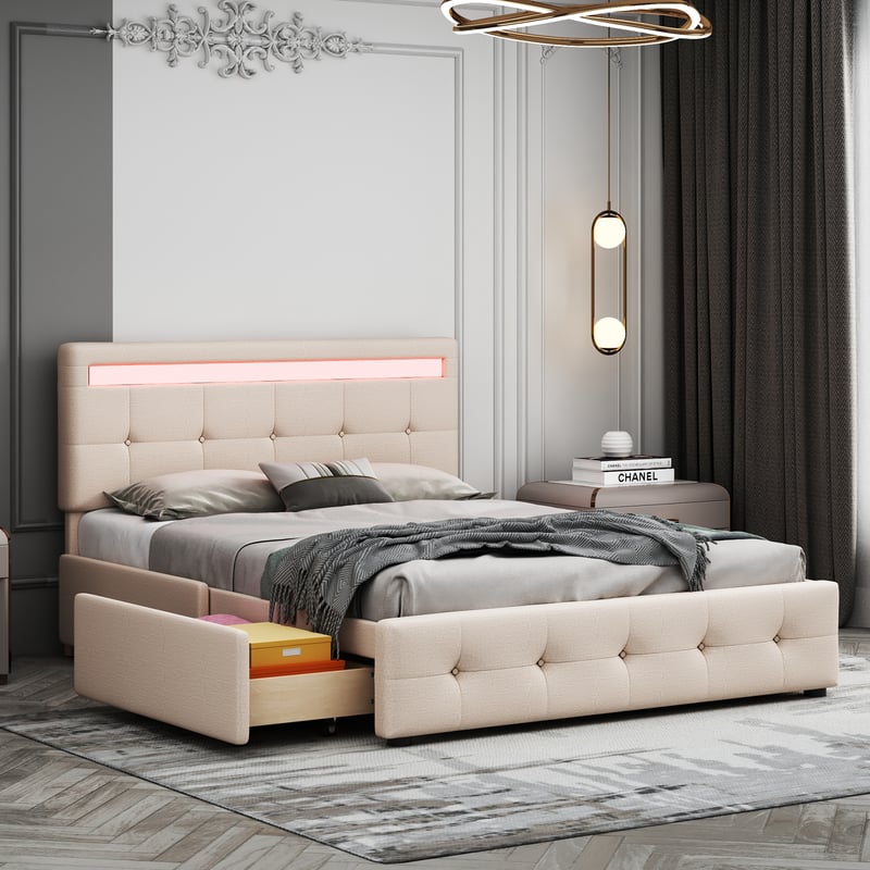 Łóżko tapicerowane 140 x 200 cm z LED, dziecięce, młodzieżowe, gościnne, beżowe (bez materaca)
