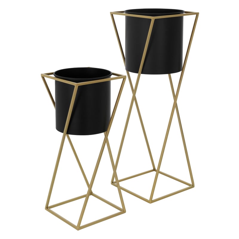 ML-Design stojak na kwiaty zestaw 2 sztuk, czarno-zloty, 21x21x51/24x24x70,5 cm, stal, stojak na kwiaty z doniczka, metalowy stojak na rosliny, stojak
