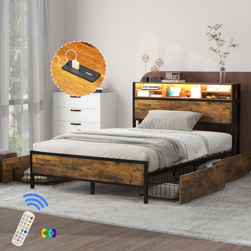 Łóżko dwuosobowe 140×200, LED, USB, 4 szuflady, metalowe, brązowe, ze schowkiem.