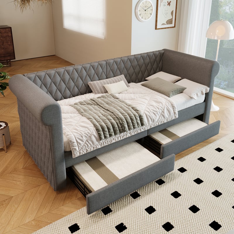 Zagłówek tapicerowany vintage, sofa rozkładana 90 x 200 cm, sofa rozkładana, szara (bez materaca)