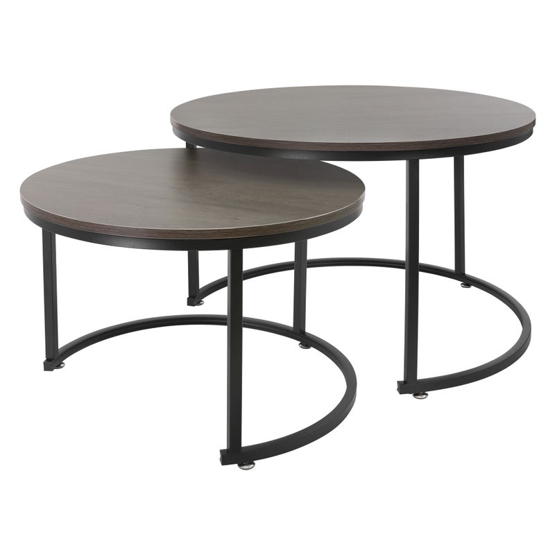 ML-Design Stolik kawowy zestaw 2 okraglych Ø59x40cm/Ø74x48cm, blat MDF w kolorze ciemnego debu, rama metalowa w kolorze czarnym, zestaw stolików