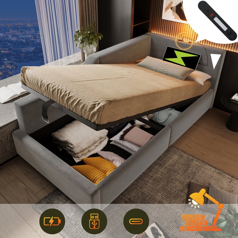 Tapicerowane łóżko typu leżanka 90x200cm, sofa rozkładana z hydraulicznym schowkiem, szare